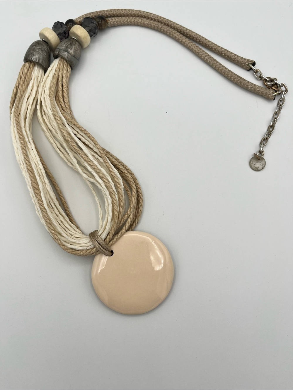 Boho Multi Strand Neutral Cord Large Disc Pendant Necklace 29.5" - Picture 4 of 4